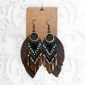 Handmade Leather Leaf Tassel Earrings